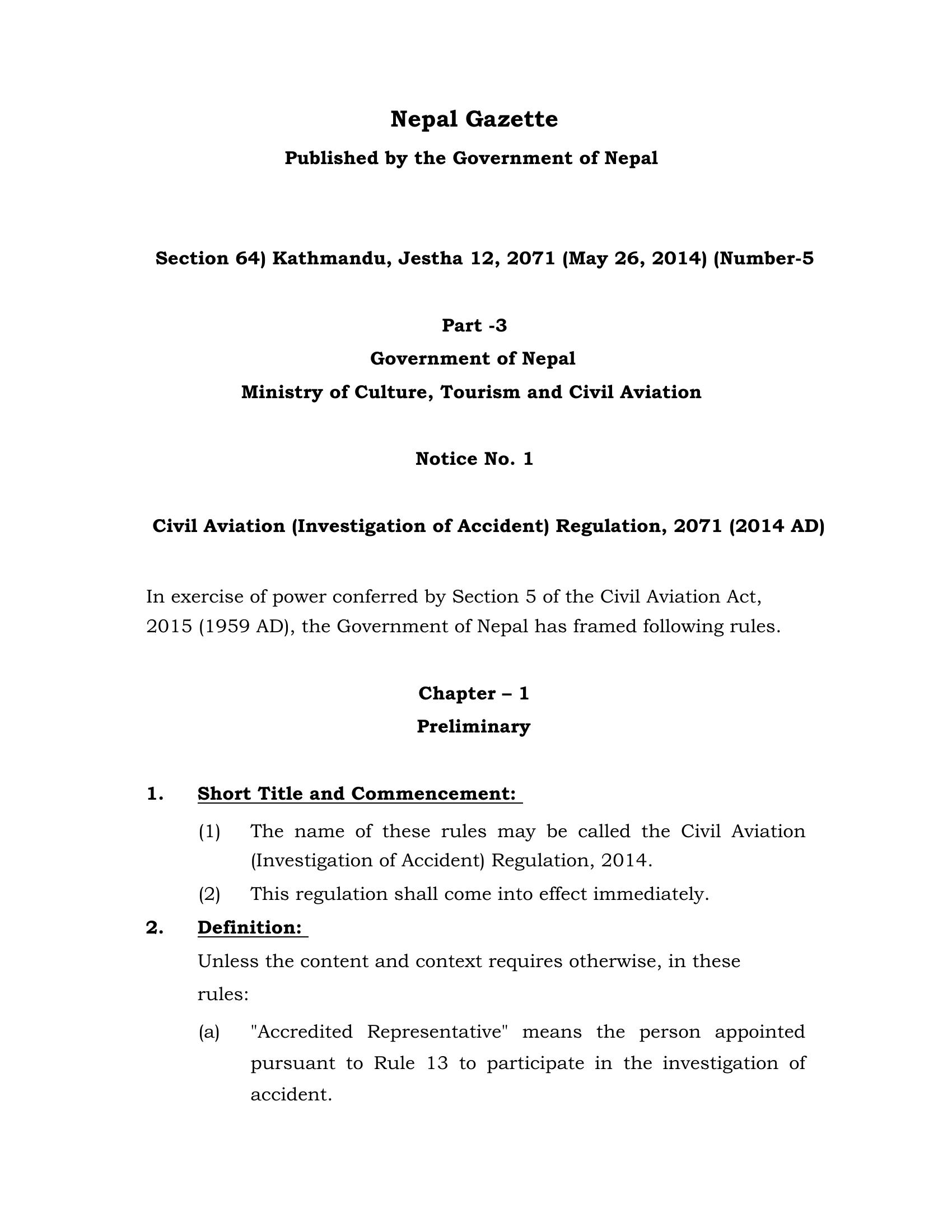 Civil Aviation (investigation Of Accident) Regulation, 2071 (2014 Ad 