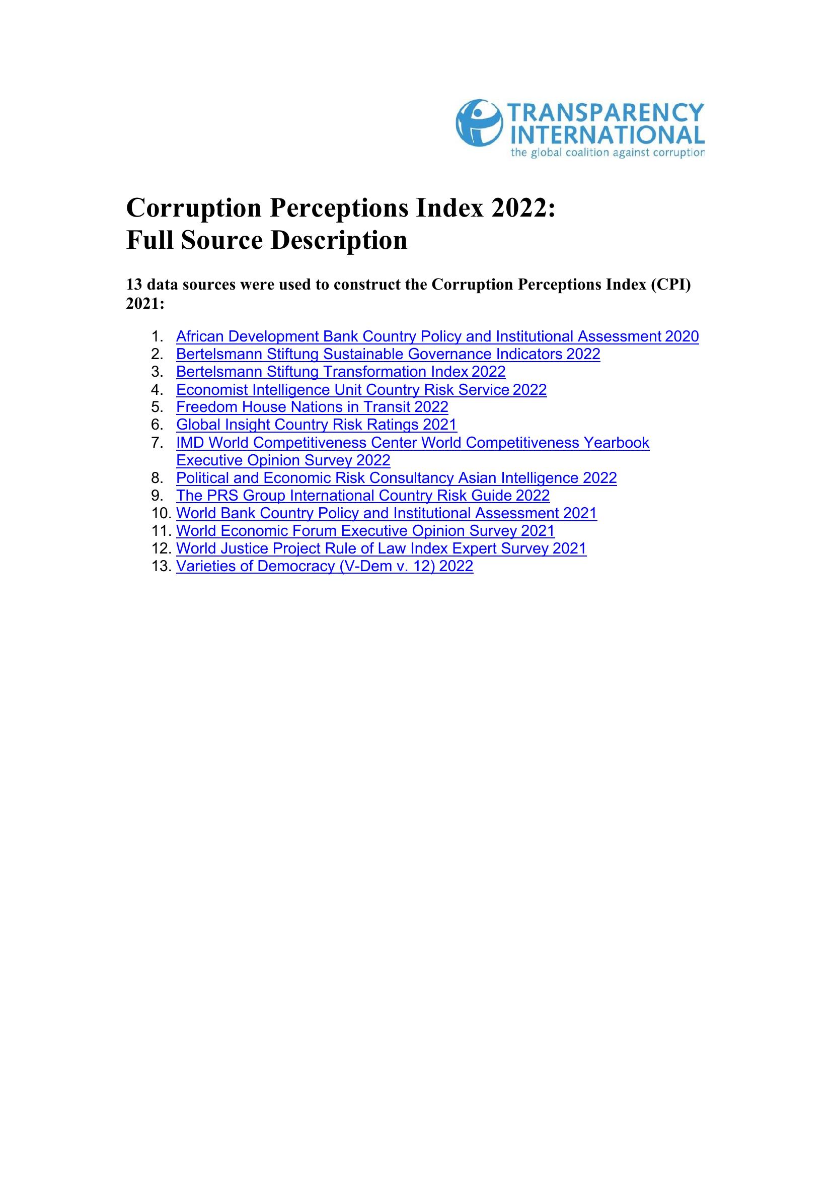 CORRUPTION PERCEPTIONS INDEX 2022: FULL SOURCE DESCRIPTION NRead