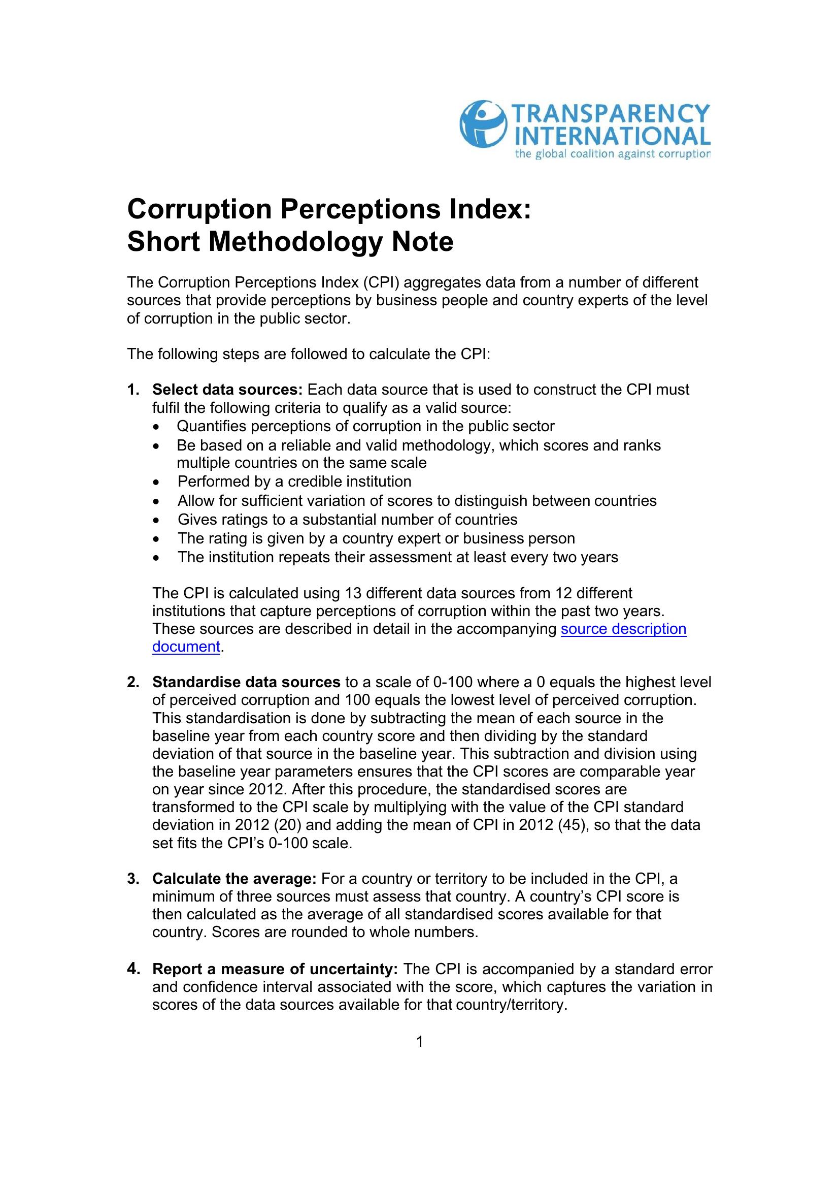 CORRUPTION PERCEPTIONS INDEX: SHORT METHODOLOGY NOTE | NRead