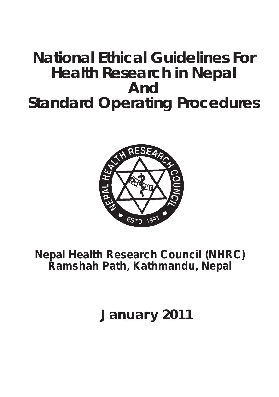  NATIONAL ETHICAL GUIDELINES FOR HEALTH RESEARCH IN NEPAL AND STANDARD 